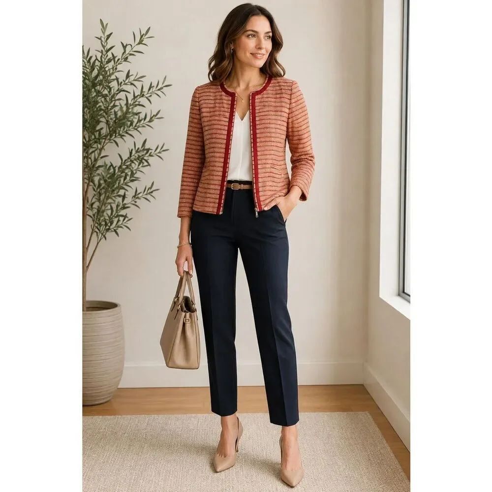 Lafayette 148 New York Textured Zip Front Jacket Size 4 Red Multi Career Chic